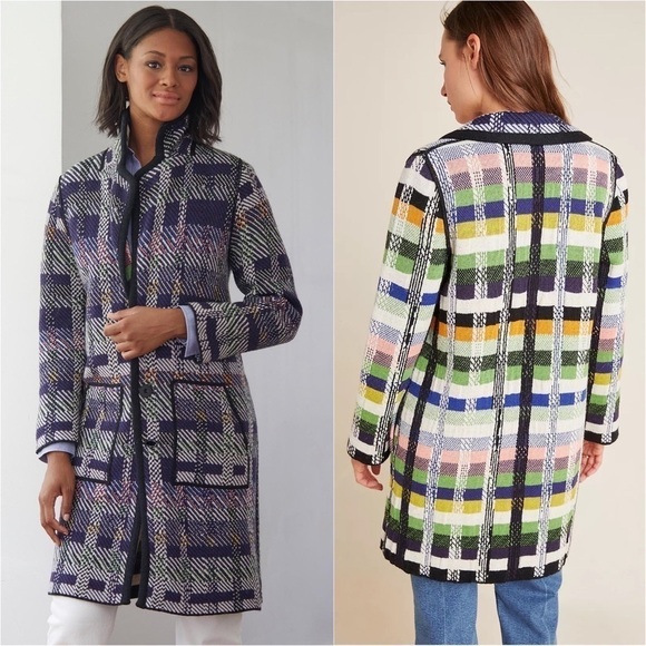 ALDOMARTINS Wool Alpaca Colorblock Plaid Long Maximalist Sweater Blanket Coat S - Picture 12 of 16